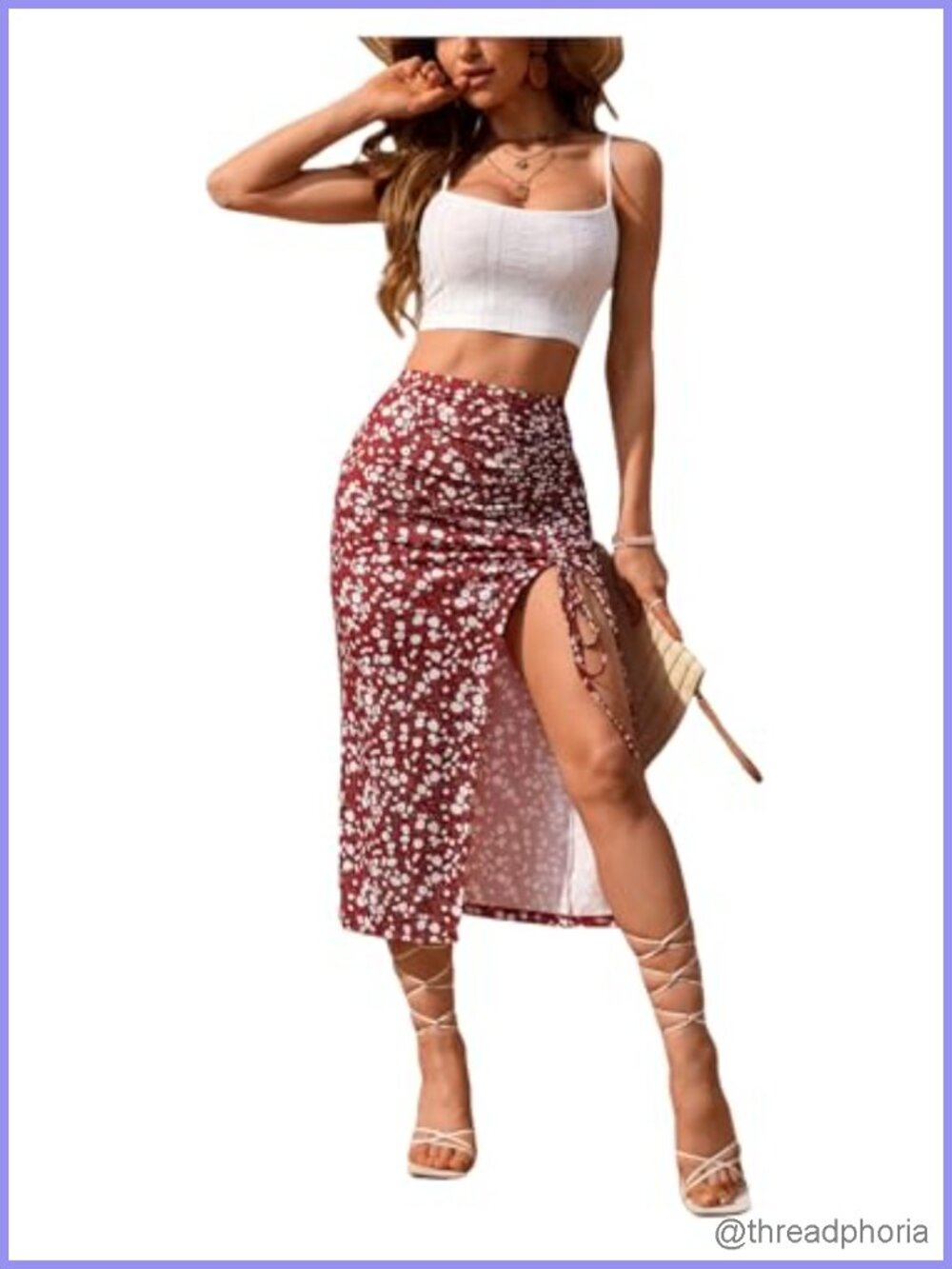 Summer Two Piece Set - Cami Top & Floral Print Split Skirt